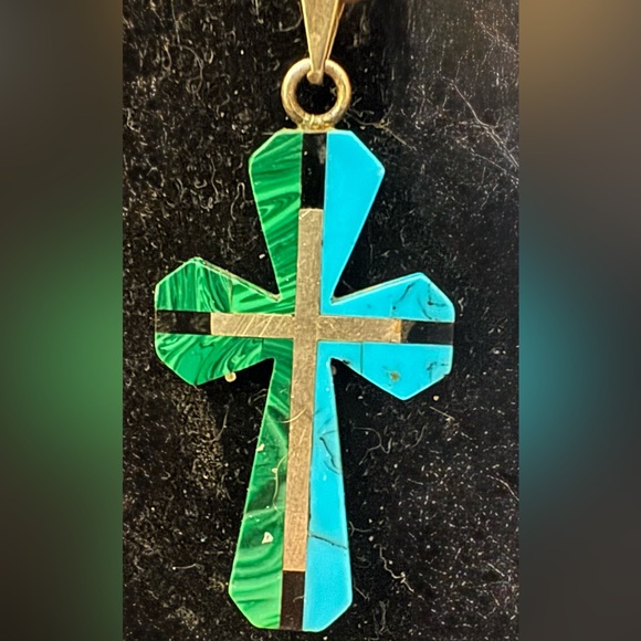 Silver Turquoise & Agate Cross Pendant - Picture 2 of 5